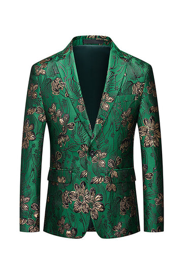 Green Floral Notched Lapel One Button Men's Formal Blazer